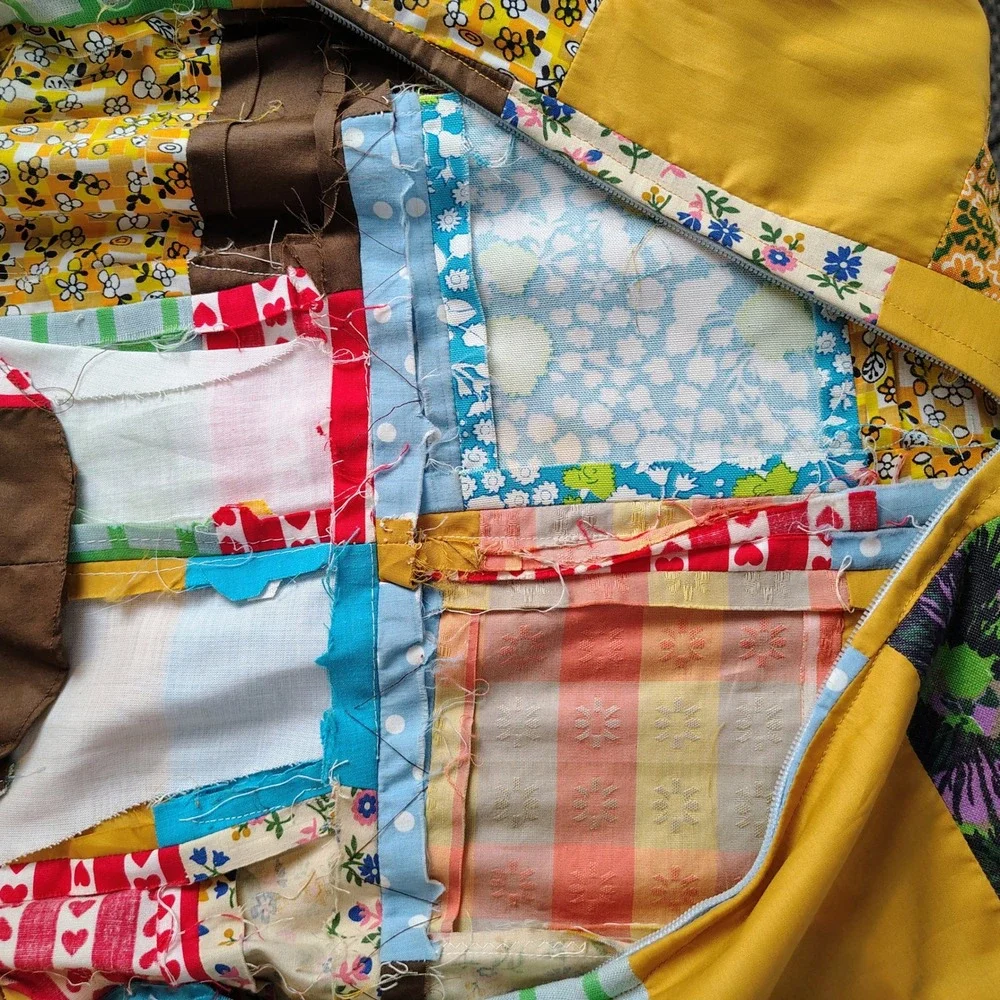 Vintage Handmade Patchwork Maxi Dress Multi Color Floral Gingham Rickrack Trim